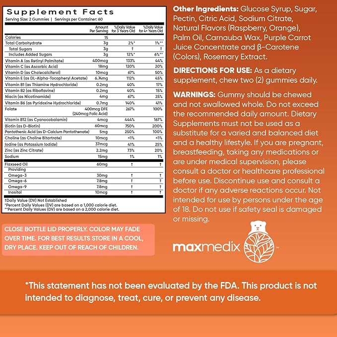 Kids Multivitamin Gummies with Omega 3 6 9-120 Gummies (60 Servings) - Essential Kids Vitamin A, C, D & B12, Minerals & Nutrients - Natural Raspberry & Orange Flavor - Third-Party Tested