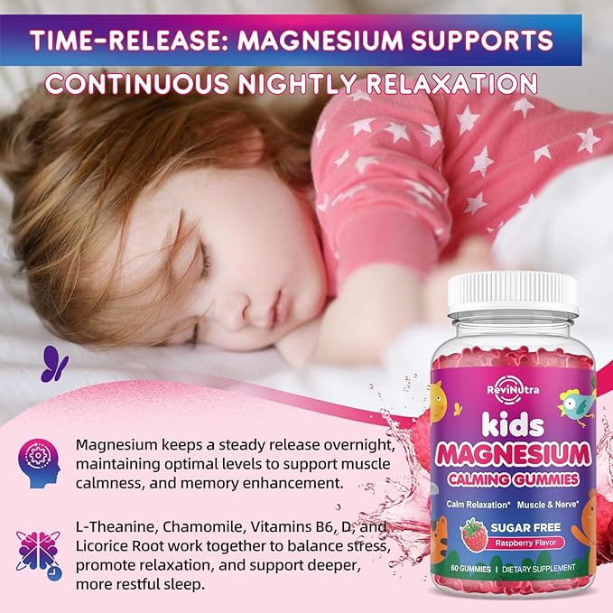 Kids Magnesium Gummies, Magnesium Glycinate Gummies for Kids & Adults with L-Theanine, Chamomile, Licorice, Vitamin D, B6 for Sleep, Relaxation, Brain & Muscle, Sugar Free Raspberry 60ct