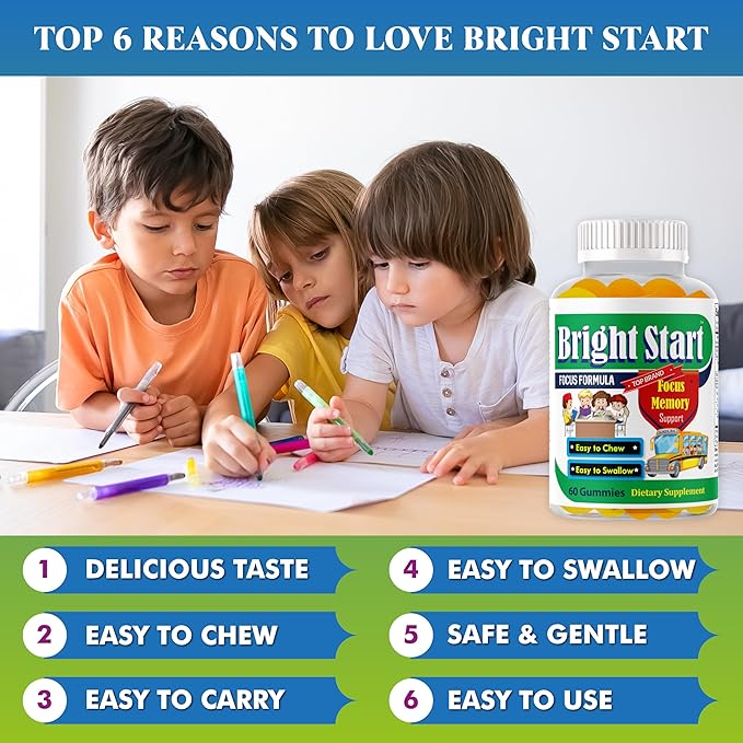 BrightStart Brain Focus Vitamins for Kids & Teens, Attentive Child Supplement Omega 3 for Kids, Focus Booster Nootropic Supplement Support Attention, Concentration, Cognitive Health 60 Gummy Vitamins