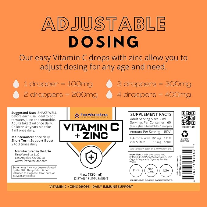 FWS Vitamin C Liquid Drops with Zinc for Adults and Kids - 4oz - Supports a Healthy Immune System, Collagen, Skin Health, Healthy Aging - Organic, Non-GMO, Vegan - Easy Dosing, 60 Servings