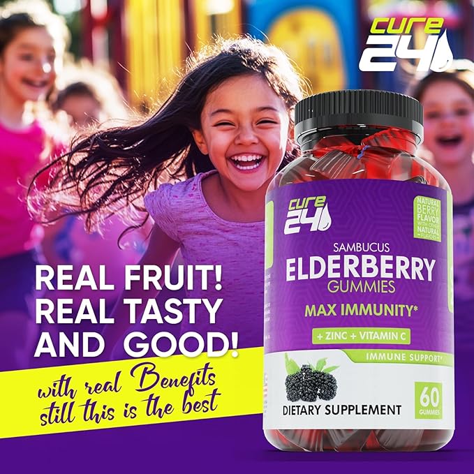 Sambucus Elderberry Gummies + Vitamin C + Zinc for Kids & Adults, X3 Immune Support, Natural Flavors + Ingredients, Vegan, Non-GMO, Made in USA (60)