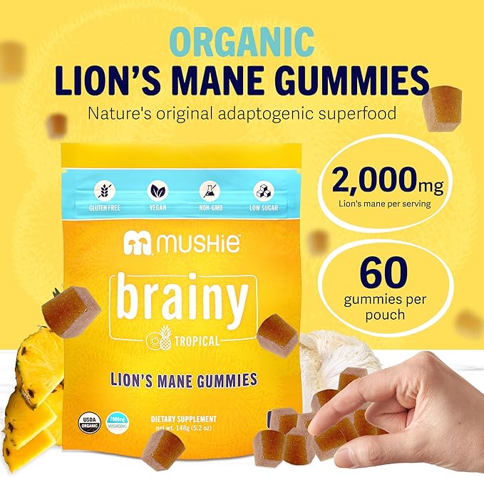 Mushie 100% Organic Lion’s Mane Mushroom Gummies - 2000mg (75mg A & B-Glucans) for Brain Health, Focus & Memory - 60 Organic Lions Mane Gummies for Adults & Kids