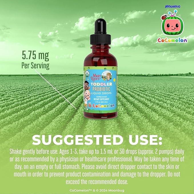 MaryRuth Organics Cocomelon Toddler Probiotic Liquid Drops | Kids Probiotics for Ages 1-3 | 5 Probiotic Strains | 150 Billion CFU Per Serving | USDA Organic | Sugar Free | Gluten Free | 1 Fl Oz