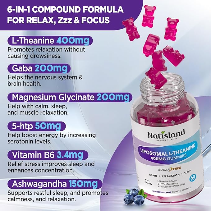 Liposomal L-Theanine Gummies for Adults & Kids, L Theanine 400mg/200mg Supplement with GABA, 5-HTP, Magnesium, Ashwagandha & Vitamin B6 for Focus, Relaxation & Zzz, Sugar-Free, Vegan, 60 Chewable