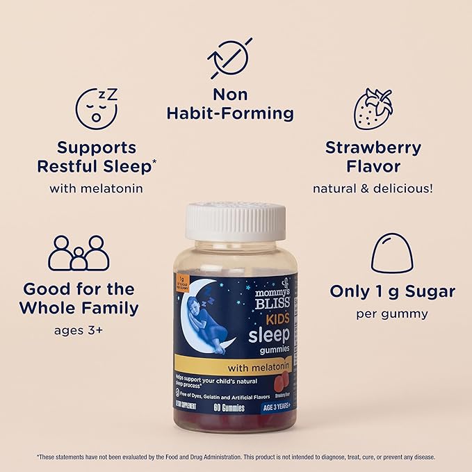 Mommy's Bliss Kids Sleep Gummies with Melatonin, Support Your Natural Sleep Process, Age 3 Years to Adults, Strawberry Flavor, 1G of Sugar, 60 Gummies (Pack of 3)
