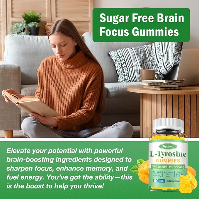 L-Tyrosine Gummies for Adults and Kids - 1000mg L-Tyrosine Supplement Focus Gummies for Brain, Mood, Energy Support, Vegan & Gluten-Free, Mango Flavor, 60 Count