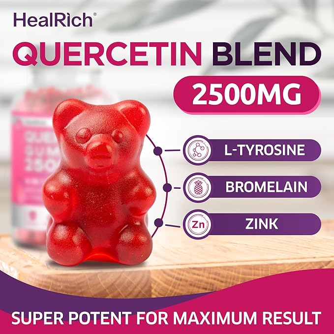 Quercetin Gummies - 2500MG Quercetin with Bromelain L-theanine & Zinc - Pure Supplement for Immune System Lung and Allergy Support - Immunity Booster Vegan Supplements for Kids & Adults - Made in USA