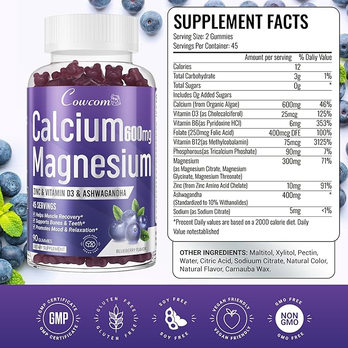 Calcium Magnesium Zinc Gummies for Kids Adults,High Absorption Magnesium Glycinate 300mg with Vitamin D3,B6,B12 for Bone,Muscles,Calm Mood,Sleep Support,Sugar-Free,Vegan,Blueberry Flavor,90 Counts