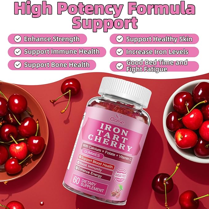 Tart Cherry Iron Supplement for Women & Men, Iron Gummies with Calcium, Zinc, Folate & Vitamin C & B12 for Immune Support, (60 Count) - Sugar Free,Vegan (Tart Cherry Flavor)