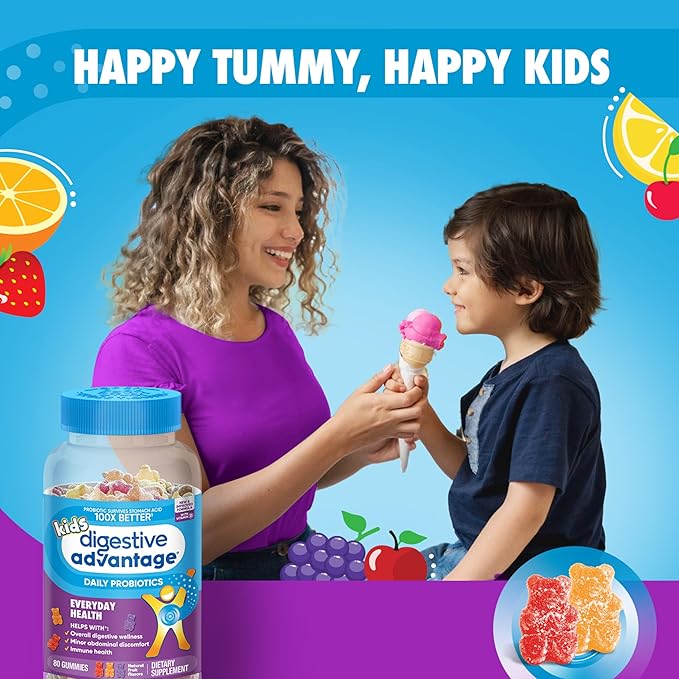 Digestive Advantage Daily Probiotic Gummy for Kids, Multi, Natural Fruit Flavours, 80.0 Count