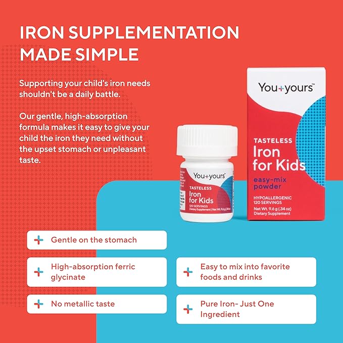 Tasteless Iron for Kids + Toddlers- 4-Month Supply- No Sweeteners, Flavors or Preservatives. Add to Beverages or Food. Pure, Flavorless Children's Iron Supplement.