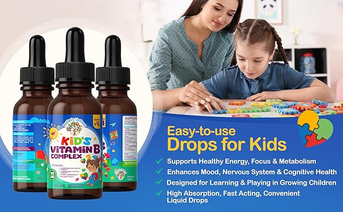 Autistic UpBeat: Kid's Vitamin B Complex | Kid-Friendly Drops | Unlfavored | B1, B2, B3, B6, B7, B9 & Methyl B12 | Brain Function, Focus, Metabolism | Kids B Complex Liquid Drops Supplement
