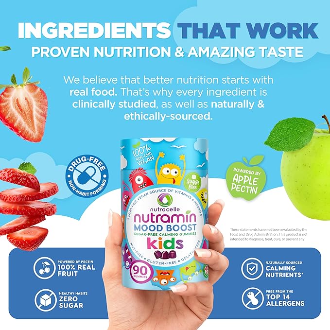 NUTRAMIN Kids Mood Boost Vegan Vitamin Gummy: Calming Magnesium Citrate Supplement for Children with Ashwagandha & Vitamin B Complex to Relax & Focus - Sugar-Free, Allergy-Safe, Non-GMO 90 ct