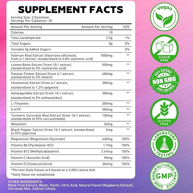 Valerian Root Gummies - Sugar Free Valerian Root Supplement for Adult & Kids, Herbal Supplement for Relaxation, Calming & Zzz, Vegan, Raspberry Flavor, 60 Count