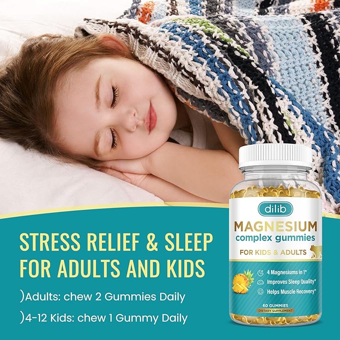 Magnesium Complex Gummies- Calm Chewable Gummies for Kids & Adults- Magnesium Glycinate, Taurate, Citrate, Malate, Supplement-Support Calm Stress Relief, Bone, Muscle, Mood Vegan, 60 Gummies