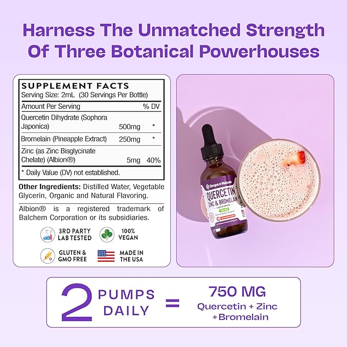 Quercetin with Bromelain & Zinc Liquid Drops - Immune Support for Adults & Kids | Ultra-Concentrated Bioflavonoids | Immune Defense | Cellular Health | Vegan | Non-GMO | Gluten Free | 2 Fl Oz