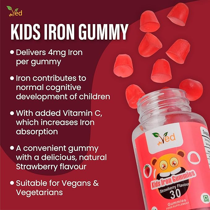 Ved Kids Iron Gummies for Iron Supplement, Energy & Immune System – Vegan - 15 Days Supply, 30 Chewable Kids Vitamins Gummies.(15 Days Supply)