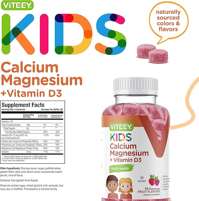 VITEEY Kids Calcium Gummies + Vitamin D3 & Magnesium Citrate for Kids and Teens - Supports Bone Health, Immune Support, Energy & Muscle Function - Gluten Free, GMO Free - Tasty Chewable Fruit Flavored