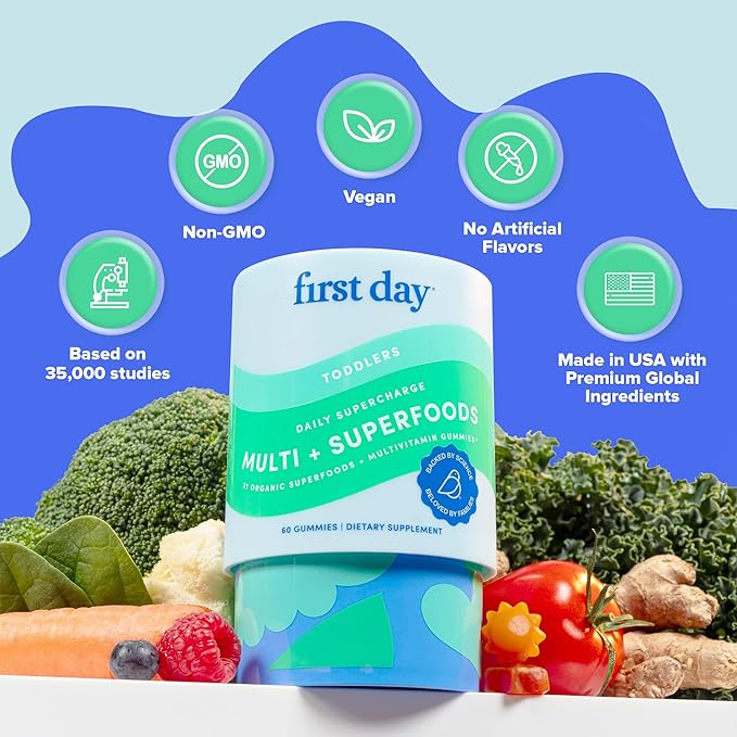FIRST DAY Toddler Multivitamins Gummies for Kids & Toddlers Ages 2-3, Delicious Strawberry & Orange Toddler Vitamins Multivitamin with Choline, Vitamins A C D3 B1 B2 B6 B12 K2 Folate - 30 Day Supply