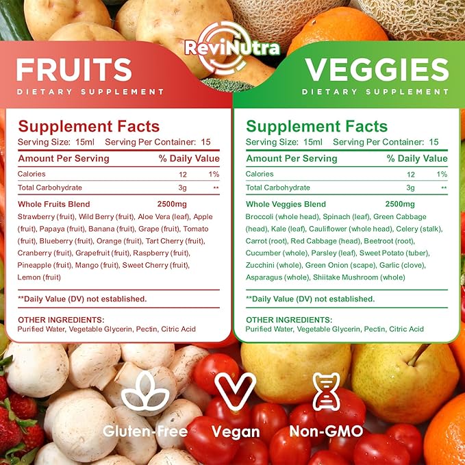 Fruit and Veggies Supplement - 30 Pouches Superfoods & Super Greens for Adults & Kids - Liquid Fruits and Vegetables with Vitamins & Minerals - Support Energy, Detox, Immunity, Digestion & Metabolism