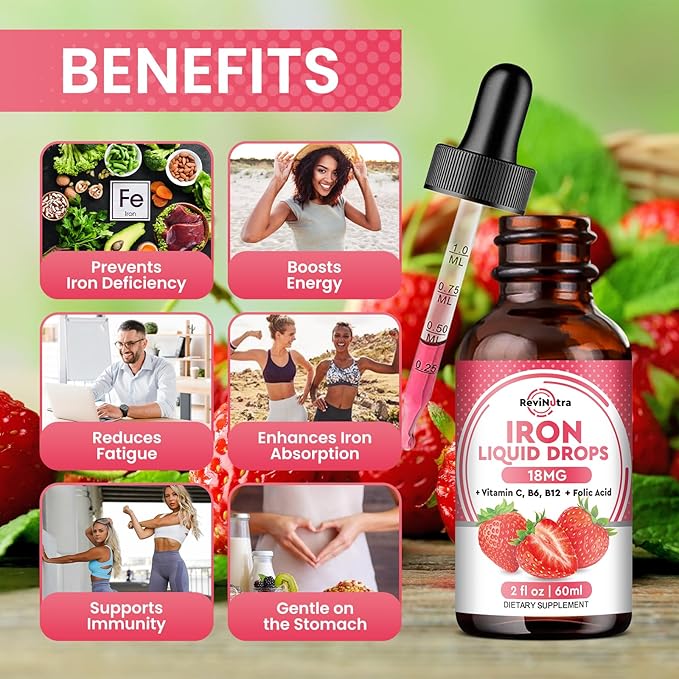 Liquid Iron Supplement for Women, Men & Kids, Liquid Iron Drops with Folate, Vitamin C, B6, B12 for Anemia, Red Blood Cell, Energy Support, Strawberry Flavor, 2 Fl Oz