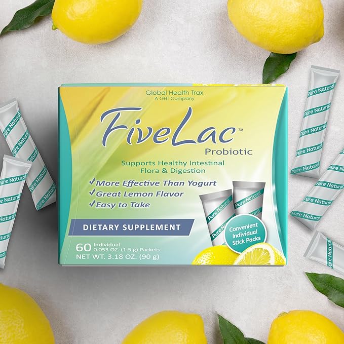 GHT - FiveLac Lemon Probiotic Powder Drink Mix, Probiotics for Women, Men, Kids - Smooth Digestive Support & Elimination – Relieve Constipation & Gas - 60 Packets, 3.18 Oz, Non-GMO