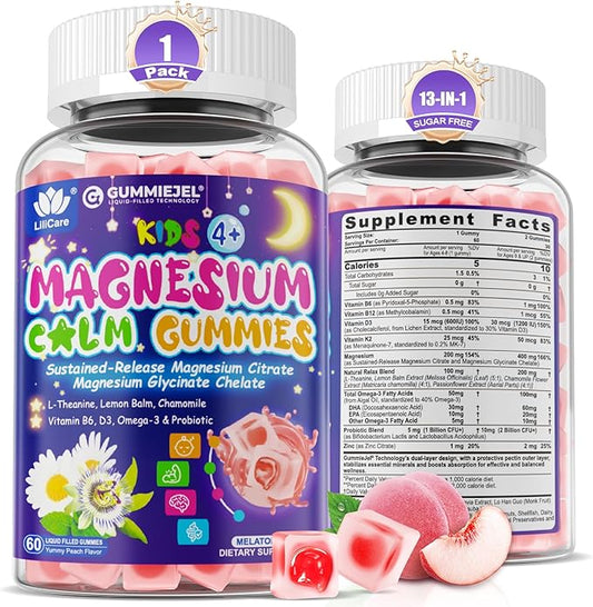 Magnesium Glycinate Gummies for Kids 4+ & Magnesium Citrate, Melatonin Free-Kids Magnesium Supplement w/L-Theanine, Omega 3, D3 K2, B6 B12, for Zzz, Relaxation, Muscle, Brain & Gut, Sugar Free 60 Cts