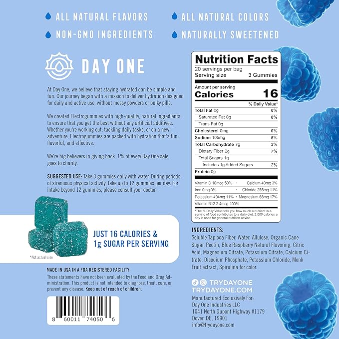 Day One ElectroGummies – Electrolyte Hydration Gummies – Ideal to Boost Hydration & Energy – Supplement for Post & Pre Workout – for Men, Women, Kids – Blue Raspberry Flavored – 60 Gummies
