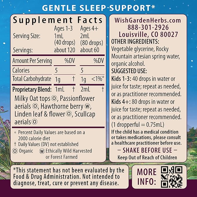WishGarden Herbs Sleepy Nights for Kids - All-Natural Herbal Sleep Aid Tincture Without Melatonin, Organic Sleep Supplement with Passionflower & Scullcap, Supports Safe and Restful Deep Sleep, 4oz