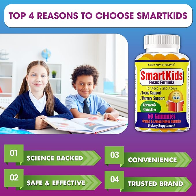 Smartkids Brain Booster Focus Gummies for Kids & Teens, Omega 3 DHA Gummy Vitamins, Nootropics Brain Support Supplement, Memory Supplement for Brain (1 Bottle) 60 Gummies