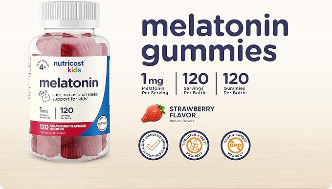 Nutricost Kids Melatonin Gummies 1mg, 120 Gummies, Strawberry Flavored