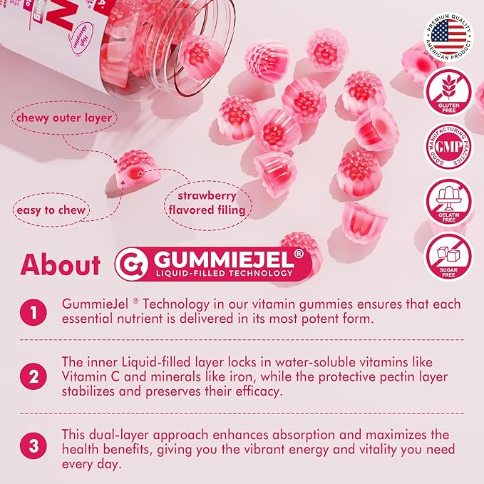 Vegan Iron + Beet Root Gummies, Iron Supplement for Women 26mg, w/Vitamin C Folate B12 Zinc, for Iron Deficiency, Energy Boost, Non-Constipating, No After Taste & Strawberry Flavor, Sugar-Free 60Cts