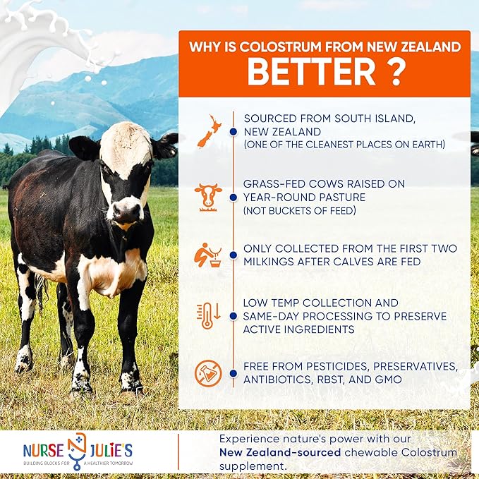 Nurse Julie's Chewable Colostrum Tablets for Kids - 100% Grassfed New Zealand Colostrum - Immune Support, Gut Health in Children - 60 Tablets - 2 Month Supply