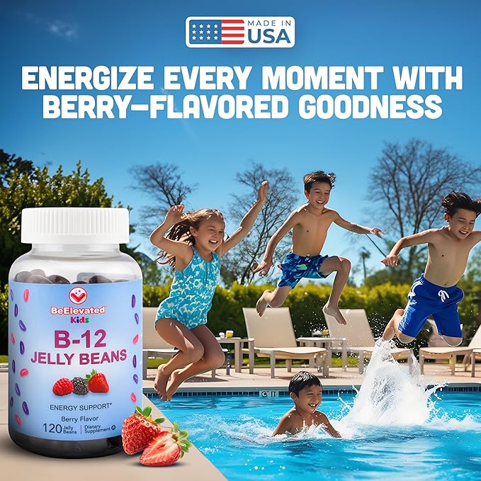 B12 Jelly Beans - Chewable Vitamins Gummies for Kids - Children's Vitamin Supplements - Vegan Energy B12 Gummy Supplement - 120 Berry Beans