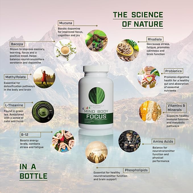 Kids Mind Body Focus | Natural Nootropic Brain Supplement for Focus, Memory and Mood Support - Mental Clarity, Concentration and Cognitive Performance with Mucuna, Bacopa, Rhodiola Phosphatidylcholine