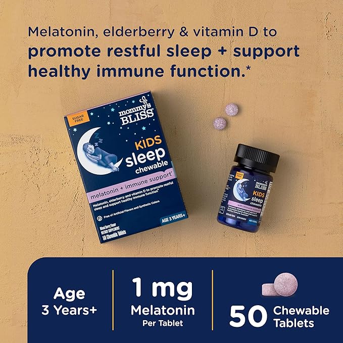 Mommy's Bliss Kids Sleep + Immunity 1 mg Melatonin Chewable, Contains Magnesium, Elderberry, and Vitamin D, Sugar Free, 3 Years+, 1 Bottle (50 Tablets)