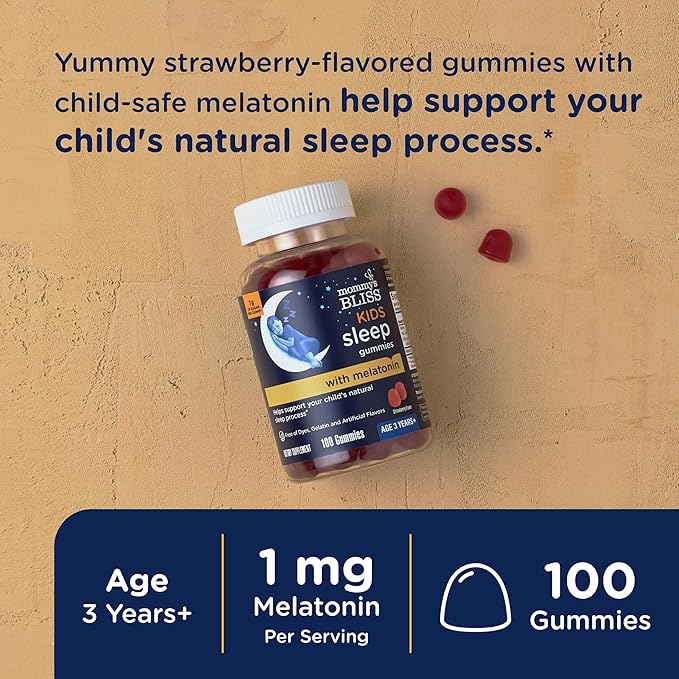 Mommy's Bliss Kids Sleep Melatonin Gummies, No Artificial Colors, Flavors or Gelatin, Strawberry Flavor, Age 3+, 100 Gummies (Packaging May Vary)