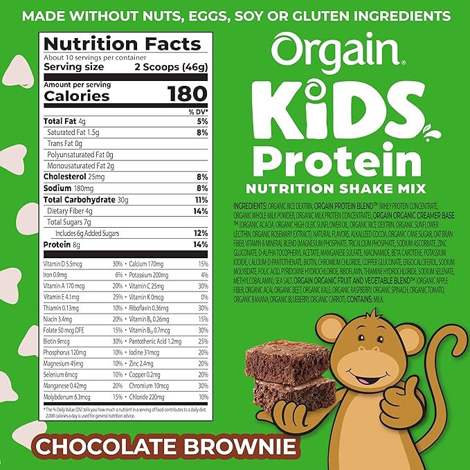 Orgain Kids Protein Powder Shake Mix, Chocolate Brownie - 8g Grass-Fed Dairy Protein, 4g Fiber, 23 Vitamins & Minerals, Gluten Free, No Soy Ingredients, Adds Healthy Nutrients to Kids Snacks, 1lb