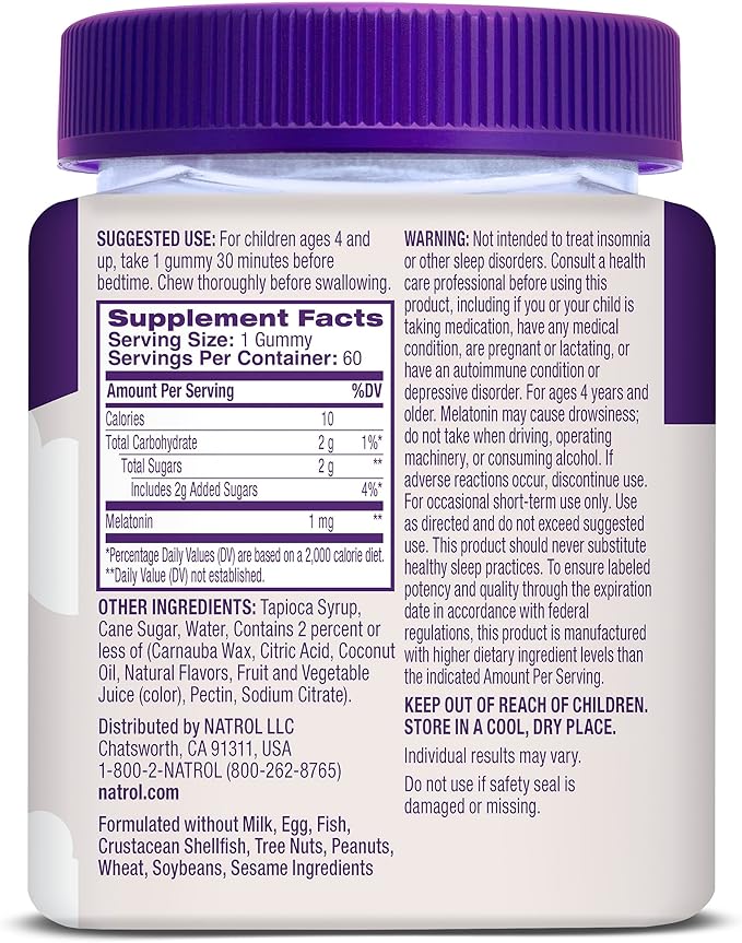 Natrol Kids Melatonin 1 mg, Dietary Supplement for Restful Sleep, Melatonin Gummies for Kids, 60 Raspberry-Flavored Gummies, Up to a 60 Day Supply