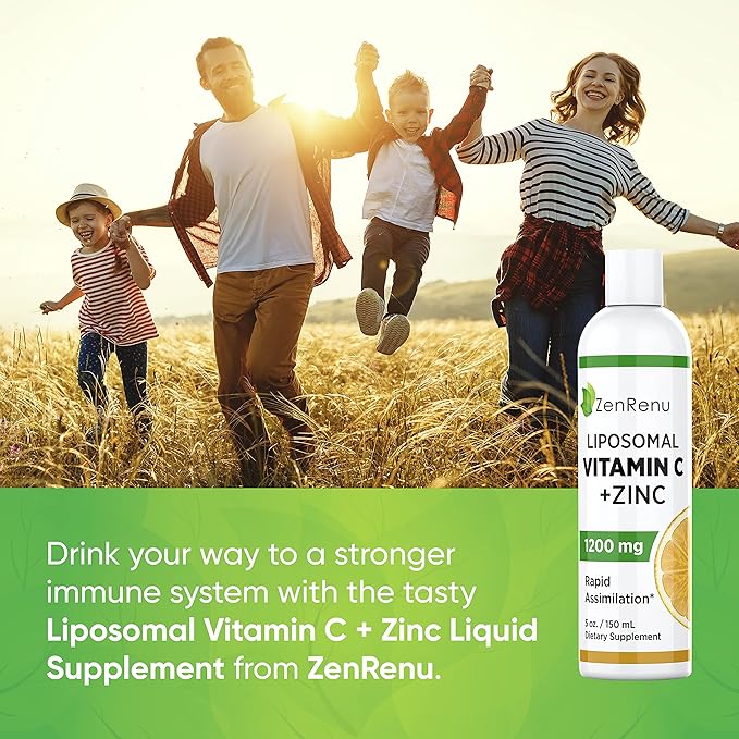 Zenrenu Liposomal Vitamin C and Zinc Liquid Drink for Adults & Kids - Non GMO Sunflower Lecithin - Max Antioxidant & Immune Support, 5 oz / 150 ml