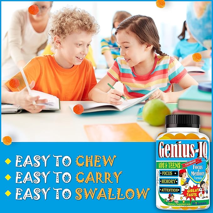 Genius IQ Kids Brain Supplements for Memory and Focus Omega 3-6-9, EPA DHA Gummy Vitamins, Brain Booster Calm Gummies,Supports Concentration, Clarity, Attention and Mood 60 Gummies