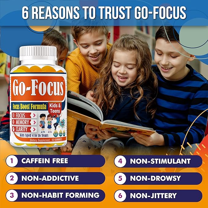 Brain Supplements for Memory and Focus, Omega 3 & DHA Focus Gummies for Kids, Memory Booster Focus Supplement for Kids & Teens- Low-Sugar, Natural Fruit Flavor 60 Gummies