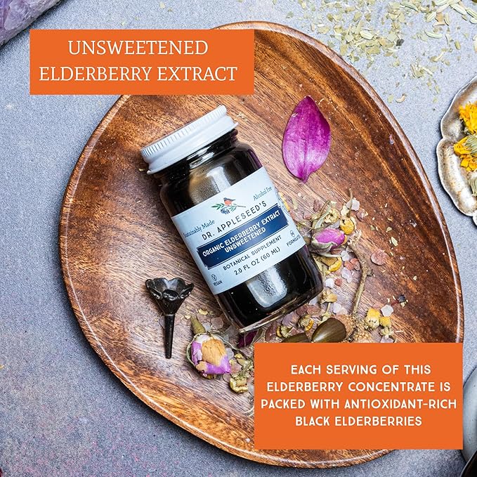 Dr. Appleseed's Organic Elderberry Extract Unsweetened Max Strength 11,000mg Kids + Adults Daily Immune Supplement Doctor- Formulated Science-Backed Pure Vegan 24 Day Supply – 2 Fl Oz