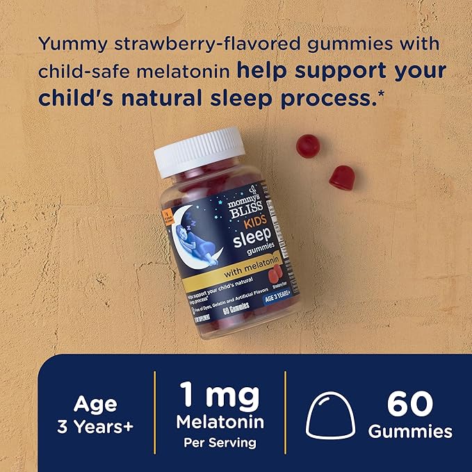Mommy's Bliss Kids Sleep Gummies with Melatonin, Support Your Natural Sleep Process, Age 3 Years to Adults, Strawberry Flavor, 1G of Sugar, 60 Gummies (Pack of 3)