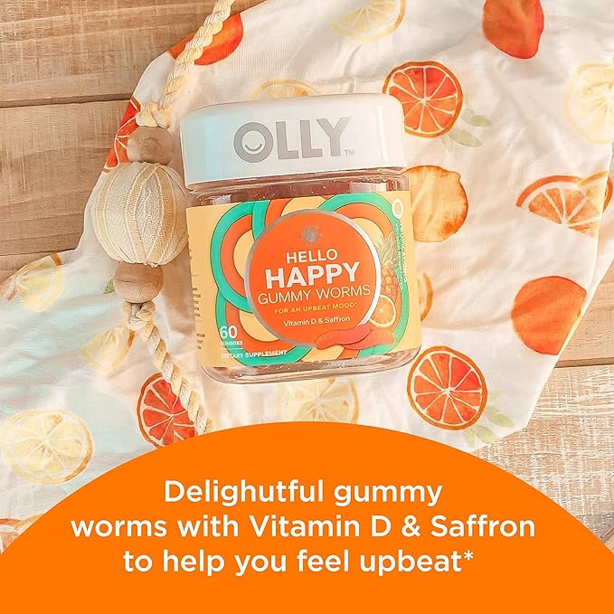OLLY Kids Chillax, Magnesium Gummies Plus L-Theanine, Lemon Balm & Hello Happy Gummy Worms, Mood Balance Support, Vitamin D, Saffron, Adult Chewable Supplement, Tropical Zing - 60 Count