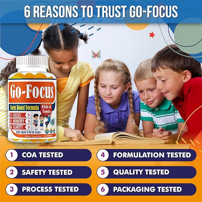 Brain Supplements for Memory and Focus, Omega 3 & DHA Focus Gummies for Kids, Memory Booster Focus Supplement for Kids & Teens- Low-Sugar, Natural Fruit Flavor 60 Gummies