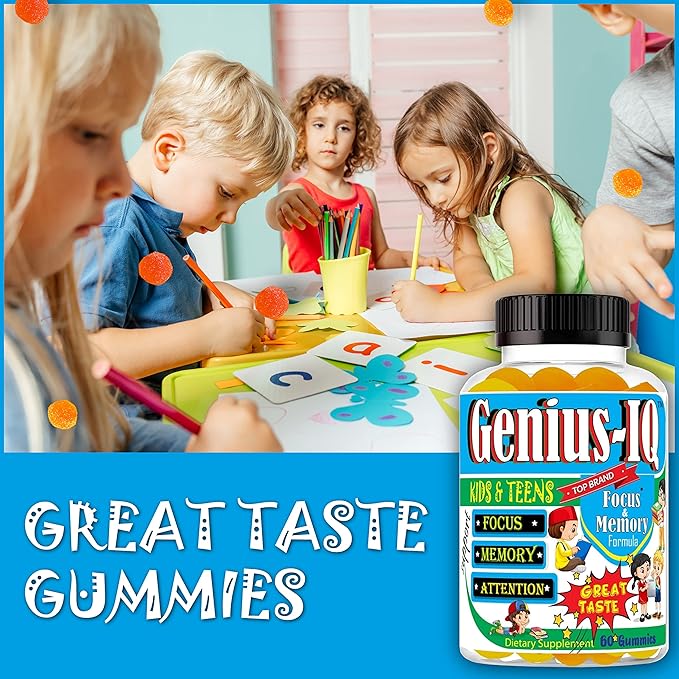 Genius IQ Kids Brain Supplements for Memory and Focus Omega 3-6-9, EPA DHA Gummy Vitamins, Brain Booster Calm Gummies,Supports Concentration, Clarity, Attention and Mood 60 Gummies