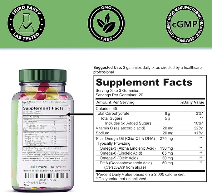 Yuve Vegan Omega 3-6-9 & DHA Gummies - Delicious for Kids, Men & Women - Made from Algae & Chia - NO Fish Oil, NO Krill - Essential Fatty Acid Supplement - Non-GMO, Gluten-Free, Plant-Based - 60ct