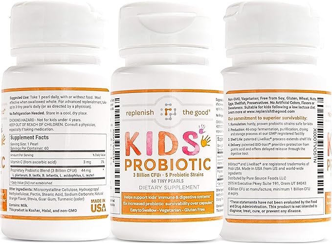 Kids Vegan Probiotics, 60 Tiny Pearls - Antibiotic Recovery - Helps Support Kids' Immune & Digestive System - 15x More Effective Than Gummies - Sugar Free, Easy to Swallow