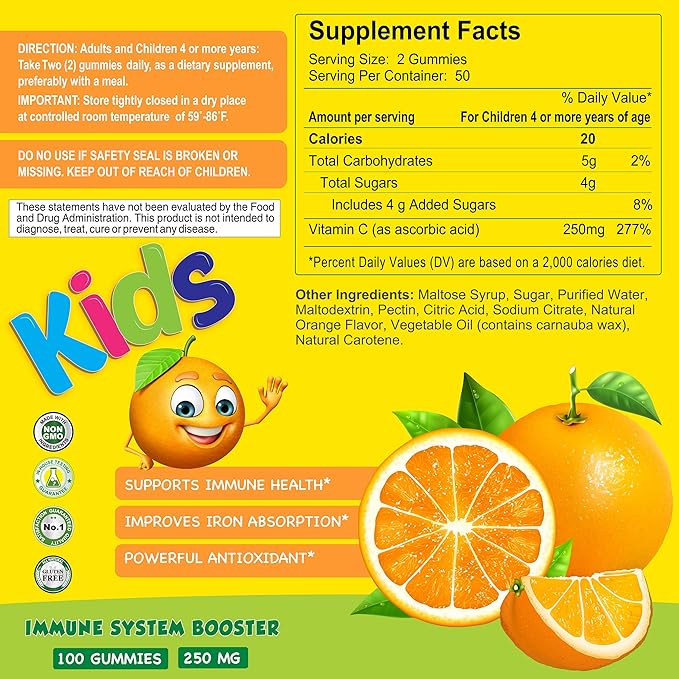 ALFA VITAMINS Vitamin C Gummies for Kids with 250mg, immune system support, daily antioxidant for kids, natural orange flavor - 100 Gummies